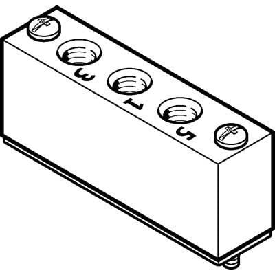 Festo forsyningsplade VABF-L1-10A-P3A4-M5, vist i en isometrisk tegning med nummererede porte og skruehuller.