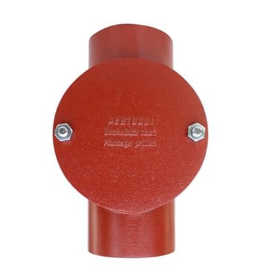 Preis & Co SML renserør i rød støbejern med en diameter på 80mm, med påmonteret inspektionslåg.