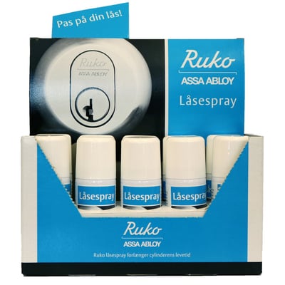 Assa Abloy-display med 10 stk. Ruko låsespray i blå og hvid salgsemballage, set forfra.