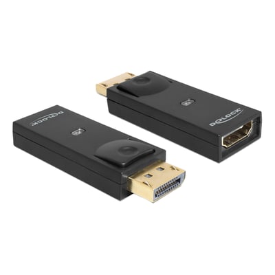 Sort DeLock DisplayPort 1.1 til HDMI-adapter set fra to vinkler med hanstik, hunstik og LED-indikator.