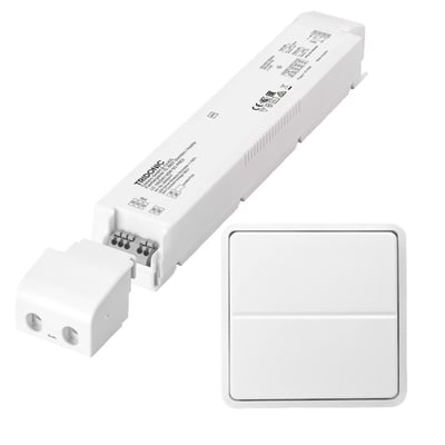 Lauritz Knudsen 100W/24V LED driver med trådløst tryk til Fuga, viste samlet med tilhørende tryk.