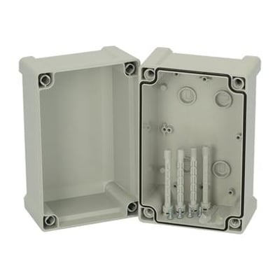 Åben Fibox TEMPO kasse med dimensionsmålene 187x122x130mm, viser monteringsmuligheder og PUR-pakning.