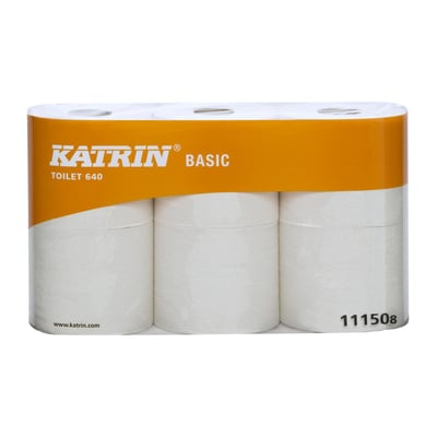 Katrin Basic toiletpapir med 1 lag og 640 ark, vist som hvide ruller samlet i orange mærket emballage.