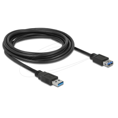 Sort Delock USB 3.0-forlængerkabel på 3 meter med USB-A-hanstik og USB-A-hunstik, lagt i en løkke.