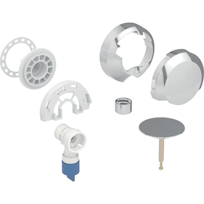 Geberit slutmontagesæt til badekar i blankforkromet finish, Ø52mm, vist som eksploderet samling af alle dele.