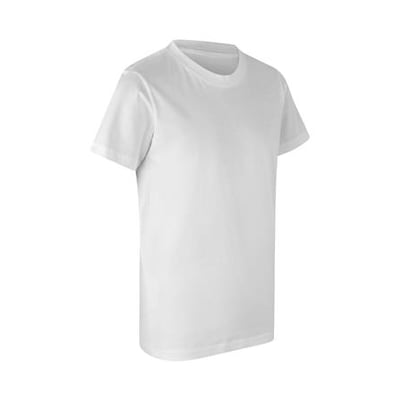 ID Identity økologisk børne T-shirt i hvid, størrelse 12/14, vist fra siden med fokus på klassisk design og økologisk bomuld.