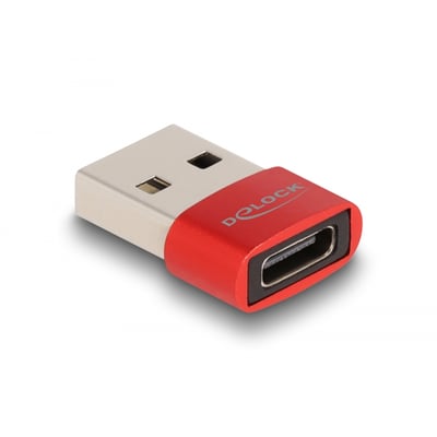 DeLock USB 2.0 adapter i rød med USB Type-A hanstik og USB Type-C hunport, viser et kompakt og robust design.
