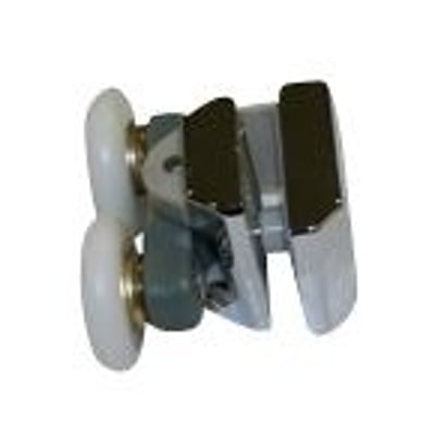 Primeo PF305 hjul til brusevæg, vist tæt på med to hvide plastik hjul og metalophæng.