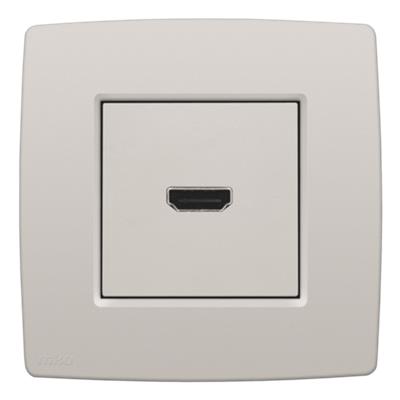 Niko HDMI udtag i lysegrå med terminaler til ledningsmontering, viser et enkelt HDMI-stik på en firkantet ramme.