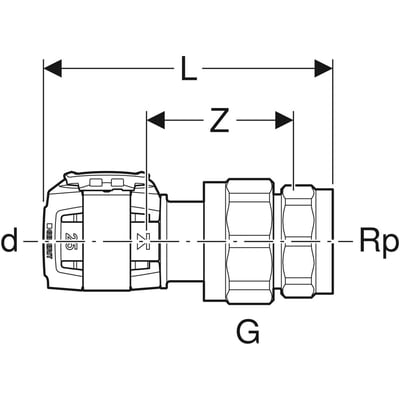 Teknisk tegning af Geberit FlowFit union med indvendigt gevind, dimensioner vist for 32mm rør og 1" gevind.