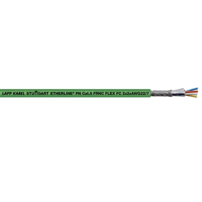 Lapp Etherline torsion P CAT5 AWM 2x2xAWG22 kabel med grøn kappe og synlige, farvede ledere samt flettet afskærmning.