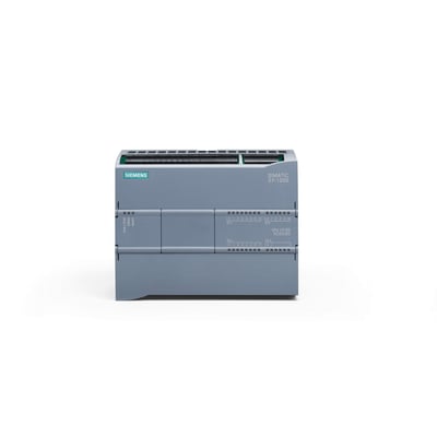 Siemens SIMATIC S7-1200 CPU 1212C modul med guld analog input og LED indikatorer på hvid baggrund.