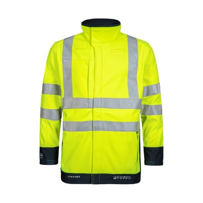 Lyngsøe softshelljakke ARC-LR20471, klasse 3, gul/navy, str. M, med refleksstriber og skjult lynlås.