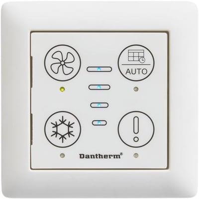 Dantherm HCP11-betjeningspanel i hvidt med ventilator-, auto-, køle- og tænd/sluk-symboler.