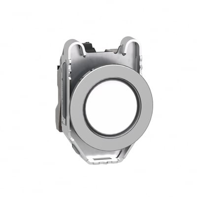 Schneider Electric Flush XB4F signallampe i metal med hvid LED lyskilde, 230V, monteret på hvid baggrund.