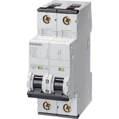 Siemens SENTRON 5SY4203-5 er en grå, 2-polet automatsikring på 3 A, set skråt forfra med sorte betjeningsgreb.