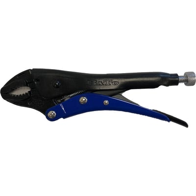 Svejsetang CJ på 7 tommer (175 mm) med sort og blå håndtag, viser justeringsskrue og savtakkede kæber.