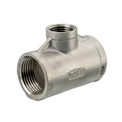 Tee fitting i rustfrit stål 316-150, 3/4"x1/2"x3/4", med BSPP gevind til 20 bar tryk.