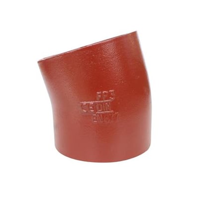 Preis & Co SML bøjning i støbejern med 80mm diameter og 15 graders vinkel. Bøjningen har en rødbrun overflade og synlige indstøbte markeringer.