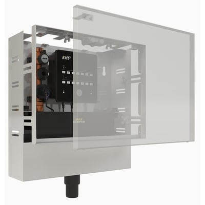 Kemper KHS PURE hygiejneskylningsboks med én tilslutning, viser indvendige kobberrør og sort kontrolpanel med knapper.