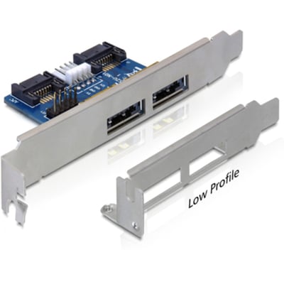 Grå DeLOCK SATA/USB-adapter med to eSATA-porte og PCI-dækplade samt separat lavprofildækplade.