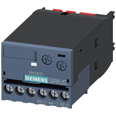 Siemens SIRIUS tidsrelæ med styresignaler og skrueterminaler, model 3RA2832, i sort og grå plast.