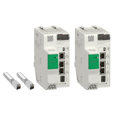 Schneider Electric M580 hotstandby CPU-kit med to BMEH582040 processorenheder og to 490NAC0100 moduler.