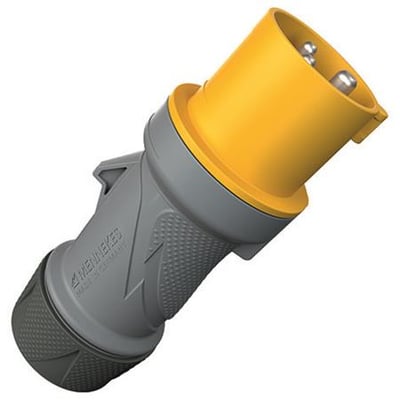 Mennekes CEE-stikprop PowerTOP Xtra R med gråt greb og gul stikdel med synlige kontakter, set skråt forfra.