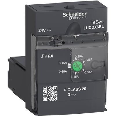 Schneider Electric TeSys LUCDX6BL strømmodul til motorstarter, kompakt sort enhed med justeringshjul og QR-kode.