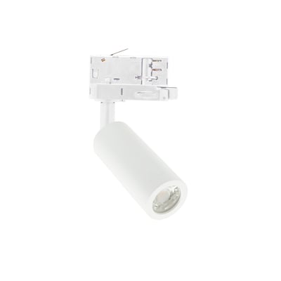 Detalje af SpectrumLED Madara Slim skinne, hvid, viser GU10 fatning og det cylindriske design til MR11 pære.