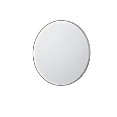 Sanibell INK SP24 rundt spejl med Ø80 cm og børstet rustfri stål aluramme, viser integreret LED-belysning.