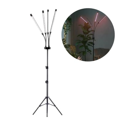 Sort Kobi VITARO 4 ST plantelys på stander med fire fleksible lyselementer og tripodfod.