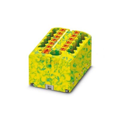 Phoenix Contact PTFIX 6/12x2,5 GNYE, en gulgrøn samlemuffe til elektriske installationer, set fra siden på hvid baggrund.