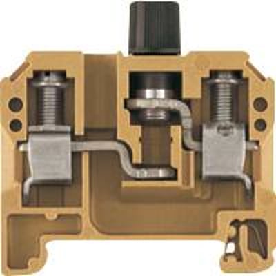 Weidmüller sikringsklemme SAKS 1/35 KRG i beige, med skrueterminal for op til 10 mm² ledere og 10A, monteret på TS35 DIN-skinne.