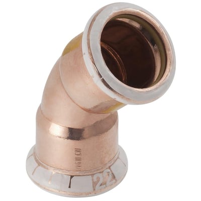 Geberit Mapress 15 mm kobberrørsbend på 45 grader, viser muffe-til-muffe forbindelse med hvide og gule indikatorringe.