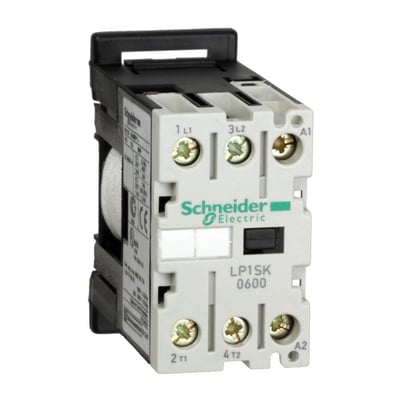 Schneider Electric kontaktor LP1SK 0600 med 12VDC spolespænding, montering på 35mm DIN-skinne og skrueterminaler.