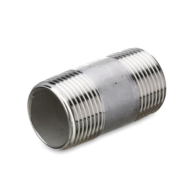 Nippelrør i rustfrit stål, 1/2" x 70mm, med BSPT gevind på begge sider og en trykklassificering på 40 bar.