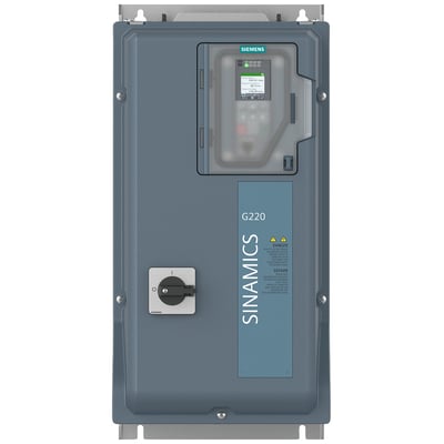 Siemens SINAMICS G220-frekvensomformer på 1,5 kW med gråt kabinet, display og drejekontakt.