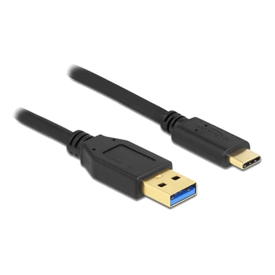 Sort DeLock SuperSpeed USB-kabel på 3 meter med USB-A- og USB-C-hanstik, vist med begge stik.