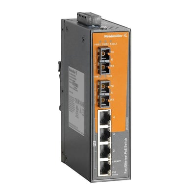 Weidmüller industriel switch IE-SW-EL06-4POE-2SC med sort kabinet, orange front og synlige RJ45- og fiberporte.
