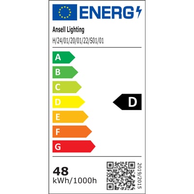 Energimærke for Ansell Lighting LED strip, der viser energiklasse D på en skala fra A til G, med et forbrug på 48 kWh/1000h.