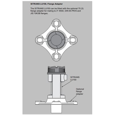 Siemens SITRANS LU150 flangeadapter, viser top view af flangen samt side view af adapteren monteret på sensor.
