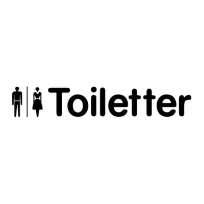 Selvklæbende skilt med teksten 'Toilettet' og piktogrammer for mand og kvinde i sort på sølv baggrund, 160 x 40 mm.