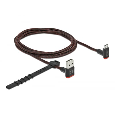 DeLock Easy-USB 2.0 kabel med sort og rød flettet overflade, 1,5 meter lang, med vinkelstik.