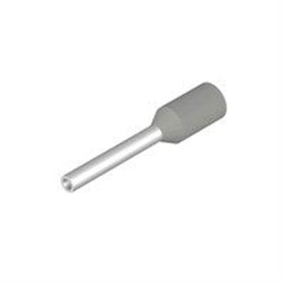 Enkel grå terminalrør fra Weidmüller med isolering og en udvidende plastkrave, viser produktets koniske design.