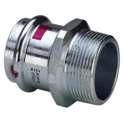 Detalje af Viega Prestabo overgangens gevindside, der viser 3/4" gevind og presslutning i poleret metal.