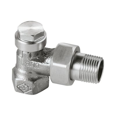 IMI Regulux vinkel returkobling i 1/2" med forindstilling, viser den forniklede finish og tagningsventilens top, isoleret på hvid baggrund.