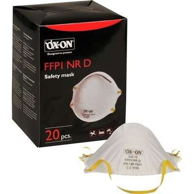 Boisen Safety FFP1NR D-støvmaske uden ventil med hvid maske, vist sammen med sort og rød emballage.