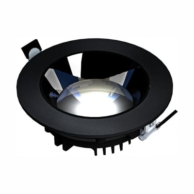 Sort SpectrumLED Model XL indbygningsspot på 30 W med rund ramme, reflektor og synlige monteringsclips.