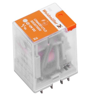 Weidmüller industrielt relæ til 115 V AC med gennemsigtigt hus, orange testknap og synlige tilslutningsben.